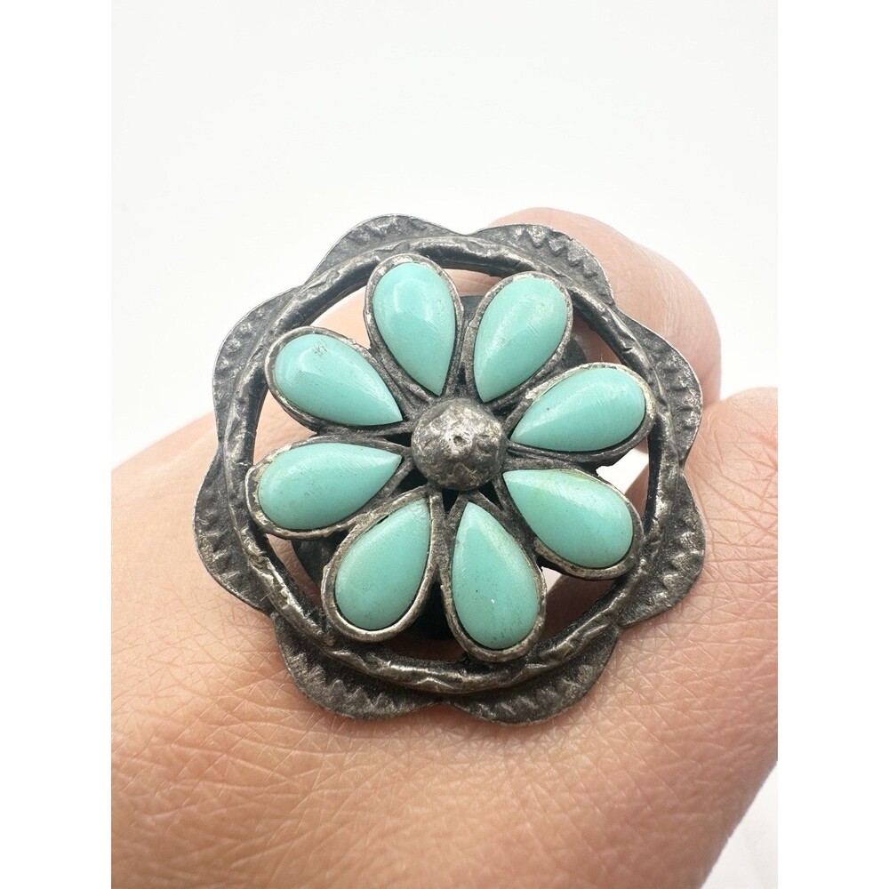 Vintage Silver Tone Faux Turquoise Flower Ring Size 9